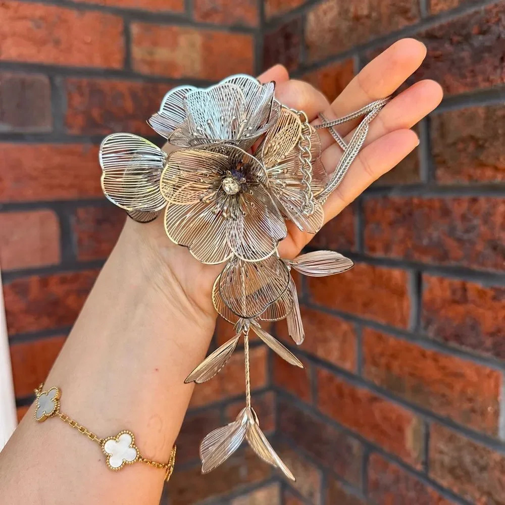Anthropologie Silver Floral Statement Necklace - Picture 14 of 16